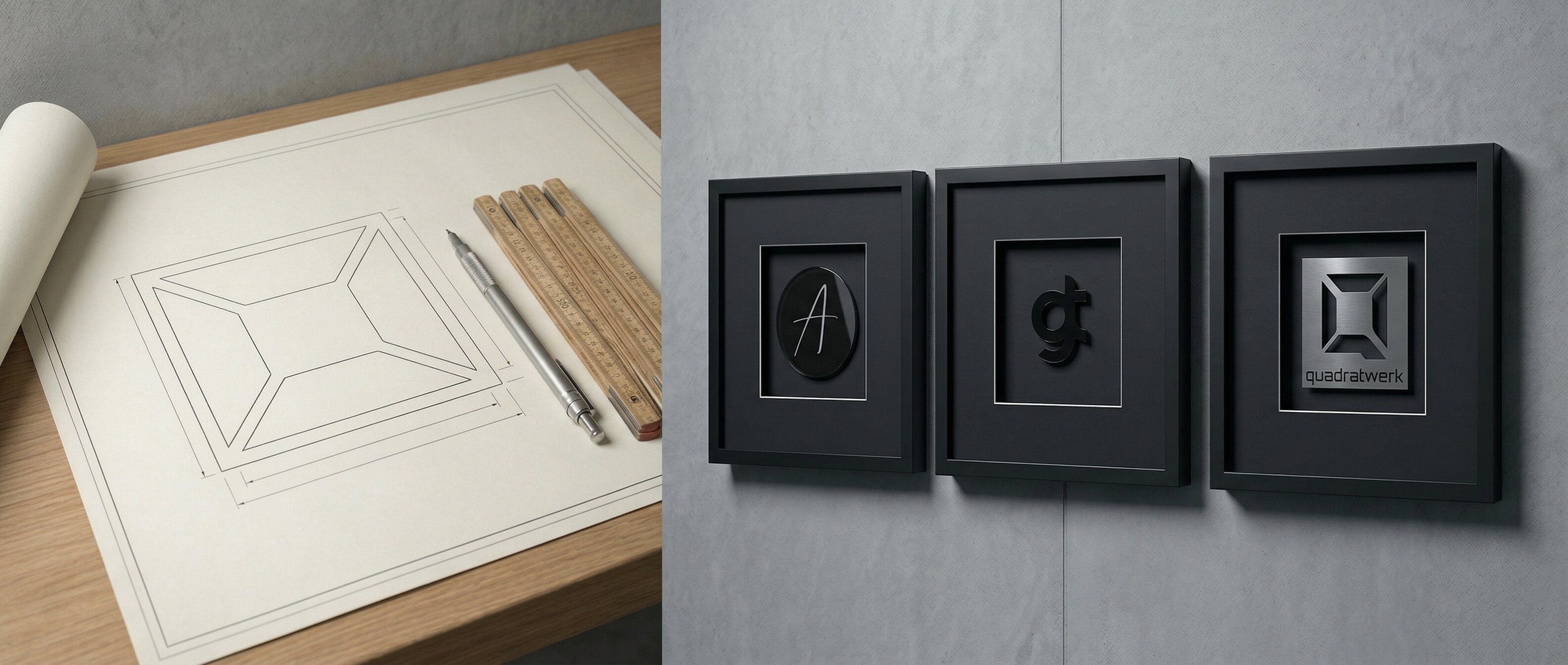 Quadratwerk Entwurfszeichnung und individuelle Logo-Inlays – personalisierte 3D-Wandbilder handgefertigt Made in Germany