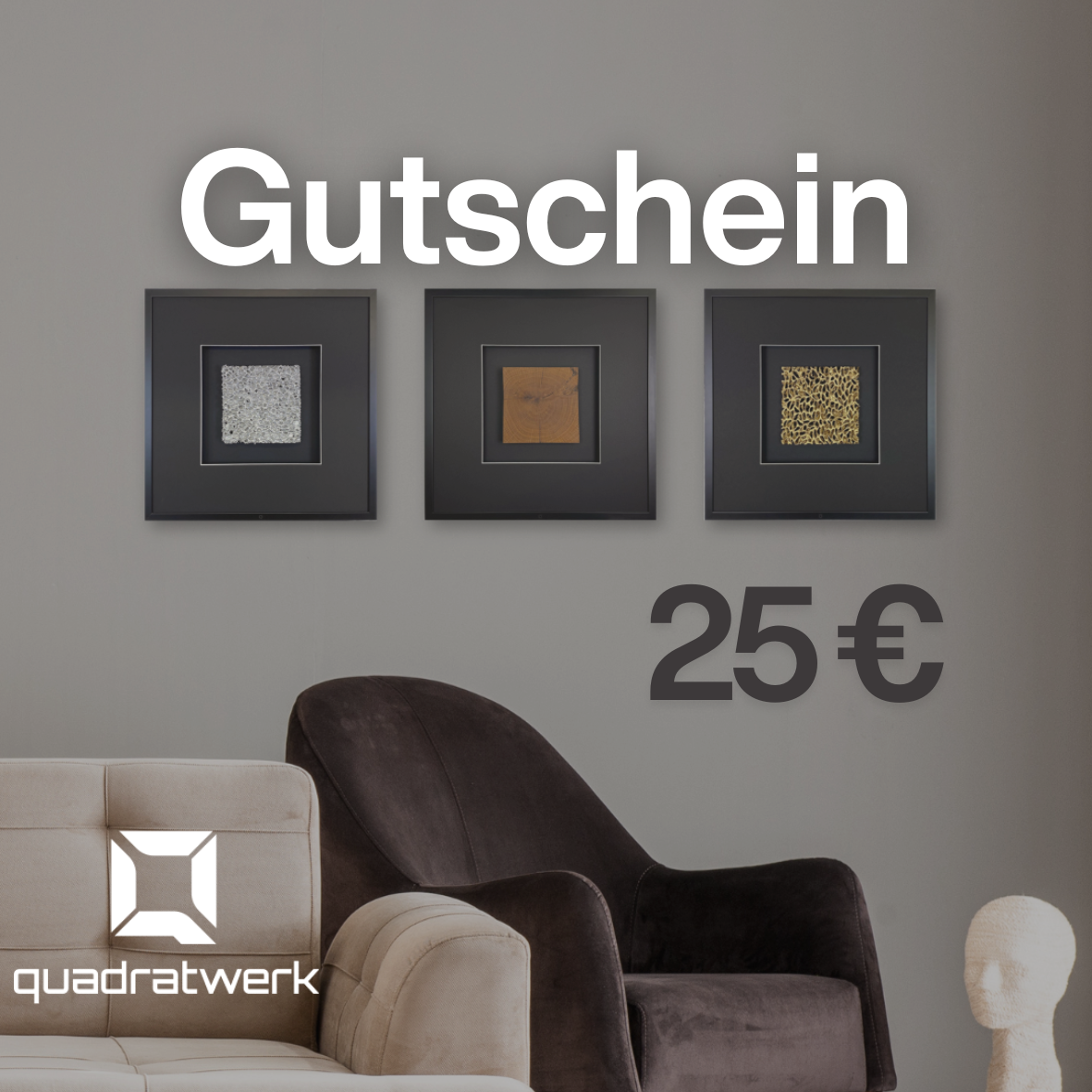 Quadratwerk Geschenkkarte 25 Euro – digitaler Gutschein für handgefertigte 3D-Wandbilder als Geschenk
