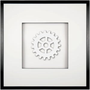 Quadratwerk Wandbild All White Gear 58cm - Rahmen Schwarz, Hintergrund Weiß, Passepartout Weiß/Schwarz