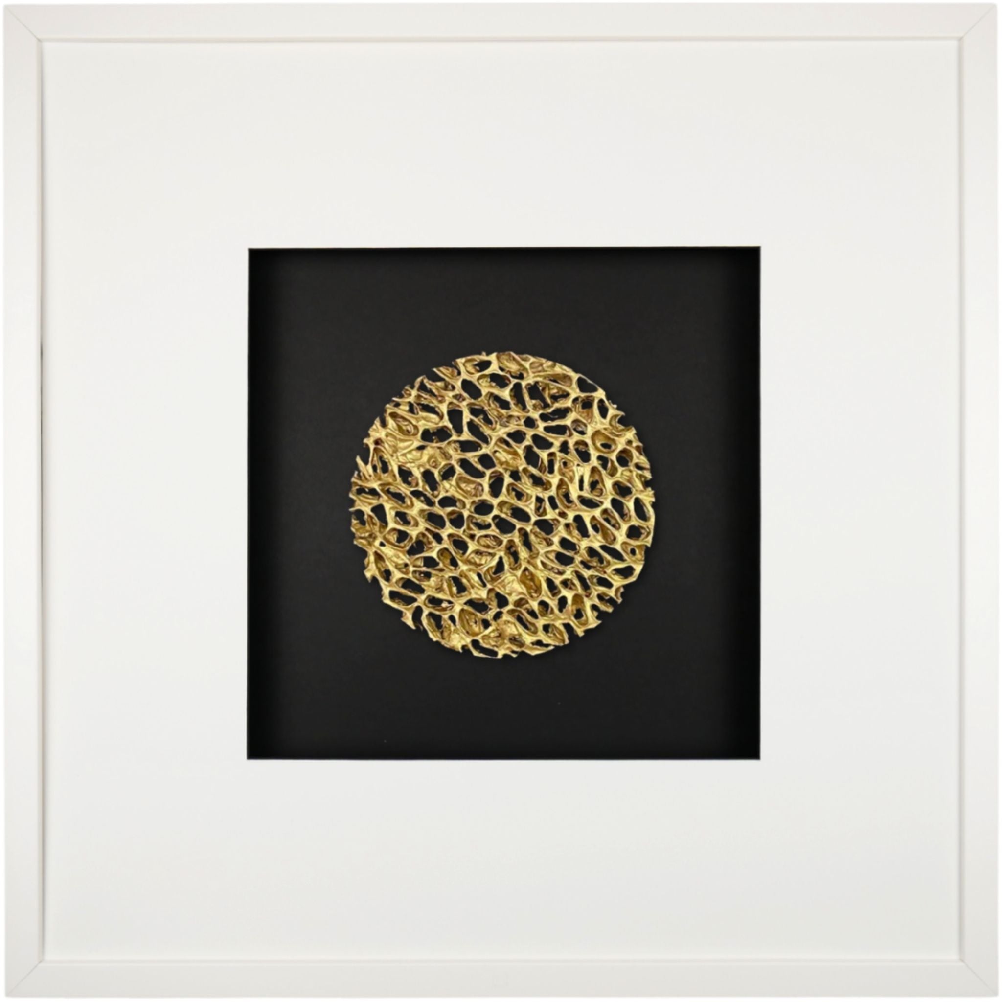 Quadratwerk Wandbild Magic Gold Rund 58m - Rahmen Weiß, Hintergrund Schwarz, Passepartout Weiß/Schwarz