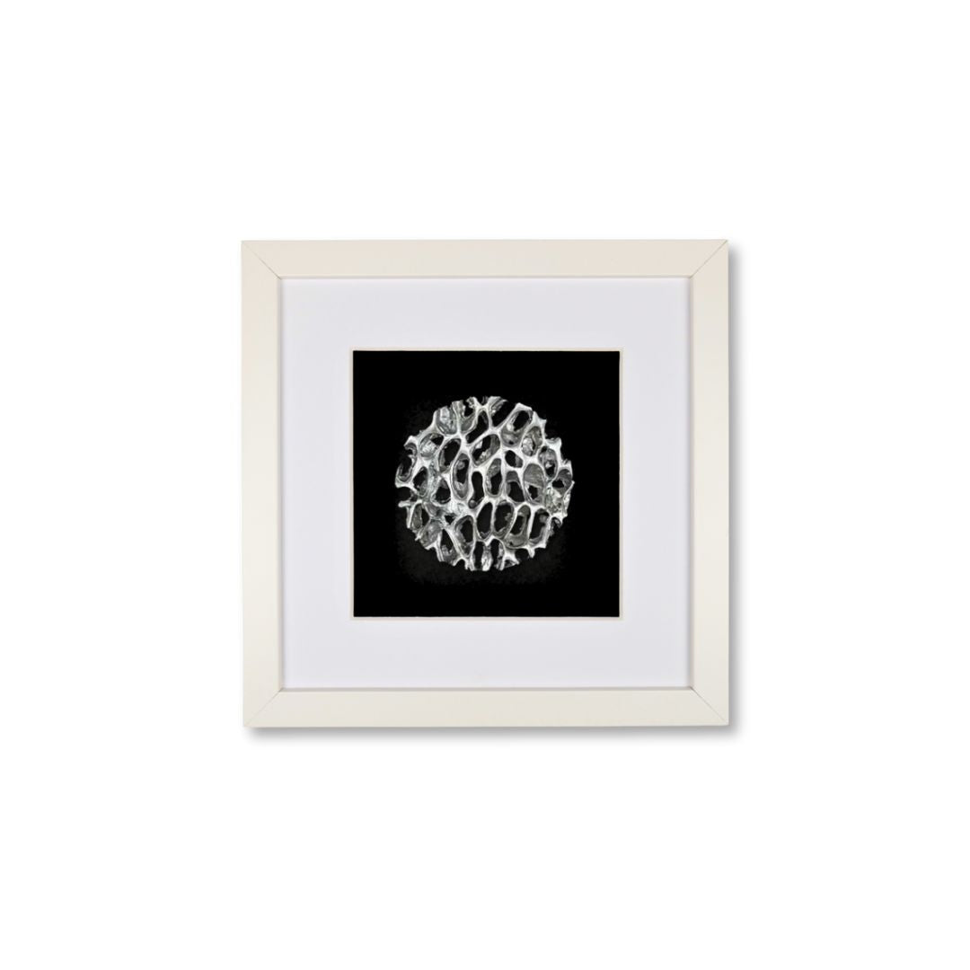 Quadratwerk Wandbild Magic Silver Rund 27cm - Rahmen Weiß, Hintergrund Schwarz, Passepartout Weiß/Weiß