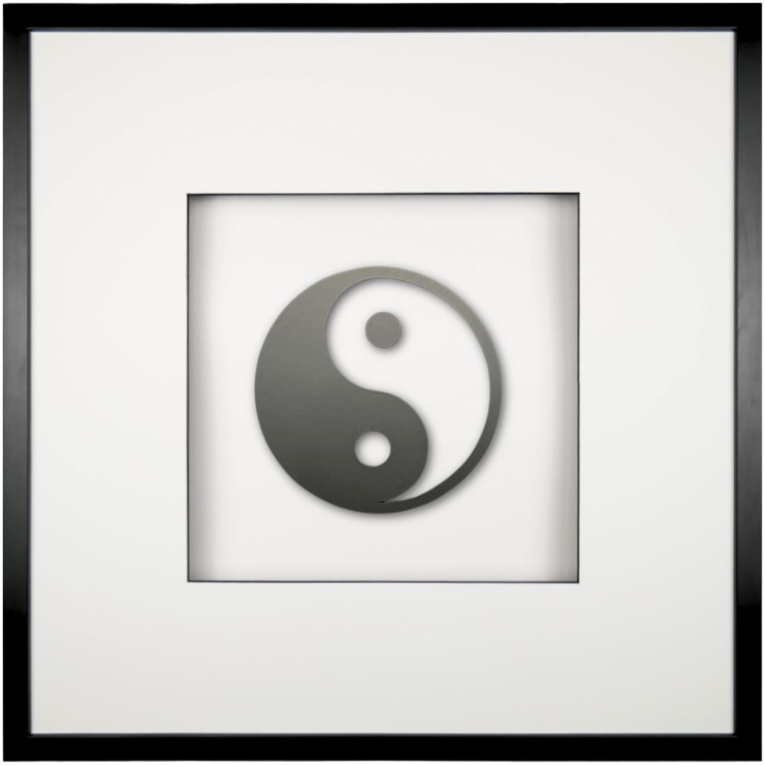 Quadratwerk Wandbild Pure Black Yin & Yang 58cm - Rahmen Schwarz, Hintergrund Weiß, Passepartout Weiß/Schwarz