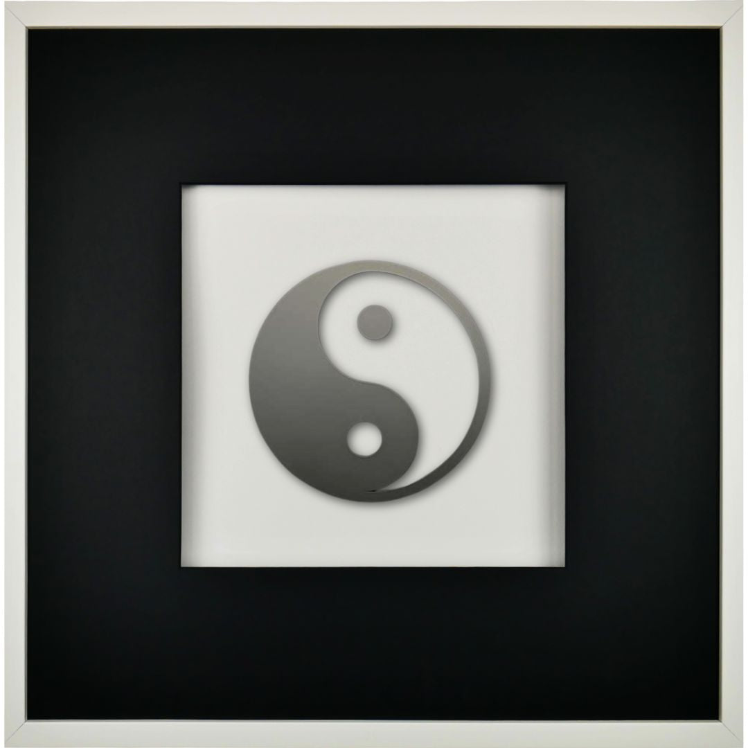 Quadratwerk Wandbild Pure Black Yin & Yang 58cm - Rahmen Weiß, Hintergrund Weiß, Passepartout Schwarz/Schwarz