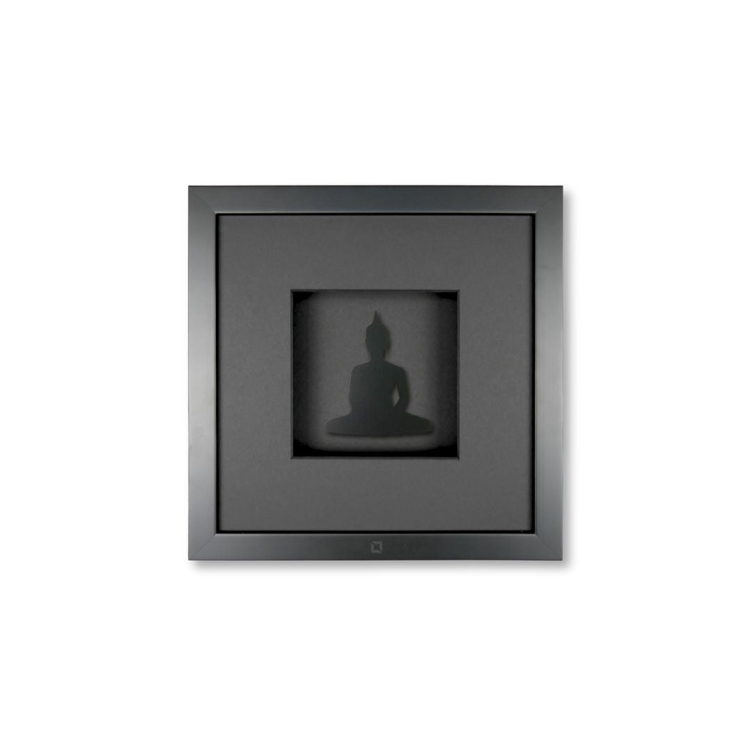 Quadratwerk Wandbild Pure Black Buddha 27cm - Rahmen Schwarz, Hintergrund Weiß, Passepartout Schwarz/Schwarz