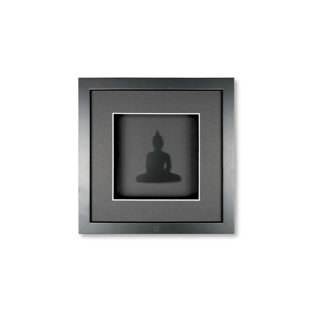 Quadratwerk Wandbild Pure Black Buddha 27cm - Rahmen Schwarz, Hintergrund Schwarz, Passepartout Schwarz/Weiß