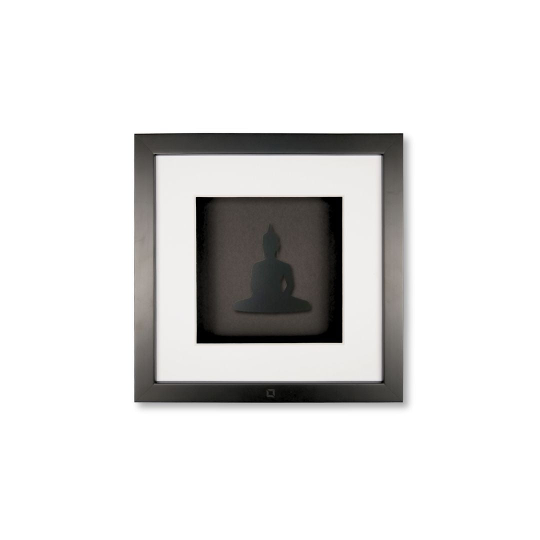 Quadratwerk Wandbild Pure Black Buddha 27cm - Rahmen Schwarz, Hintergrund Schwarz, Passepartout Weiß/Weiß