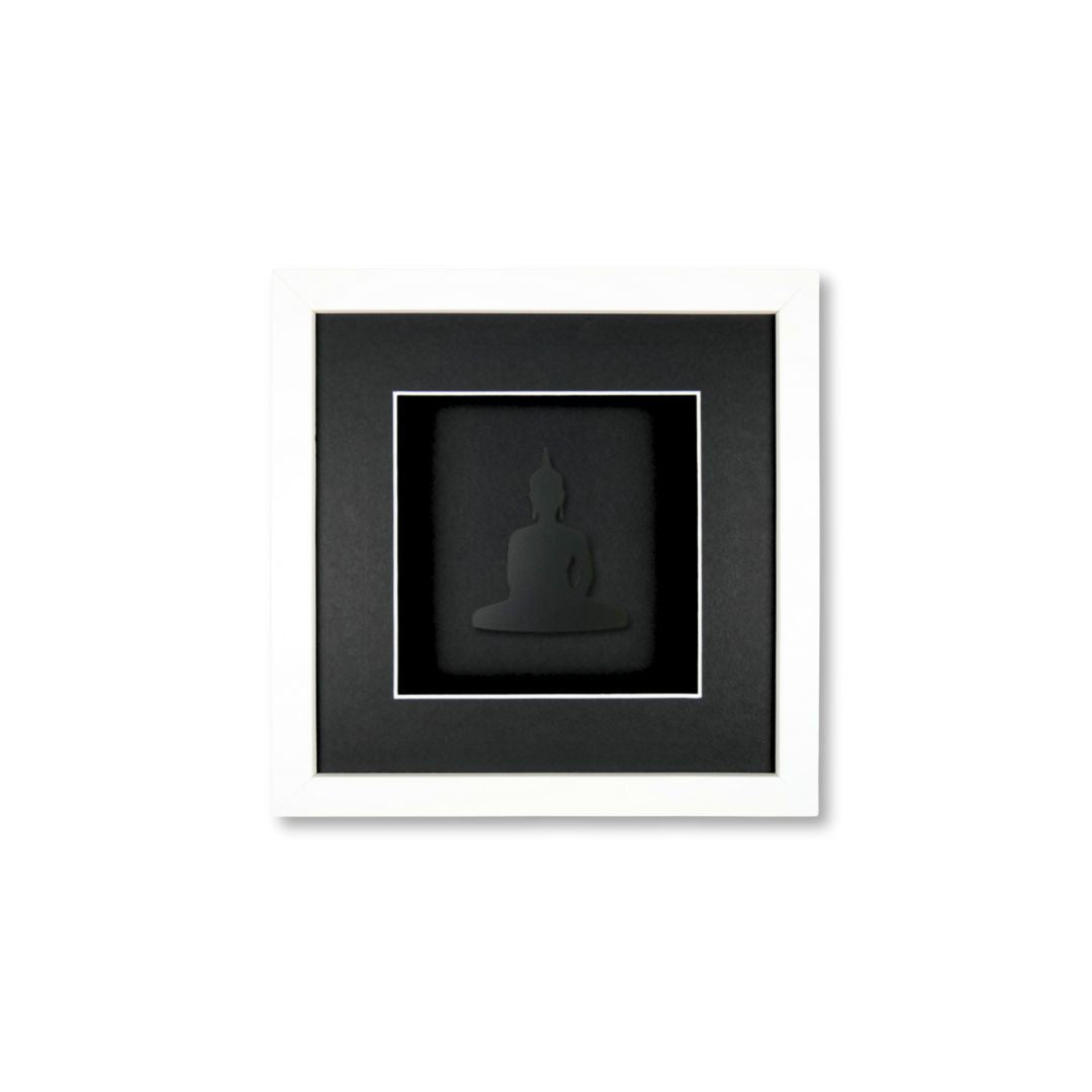 Quadratwerk Wandbild Pure Black Buddha 27cm - Rahmen Weiß, Hintergrund Schwarz, Passepartout Schwarz/Weiß