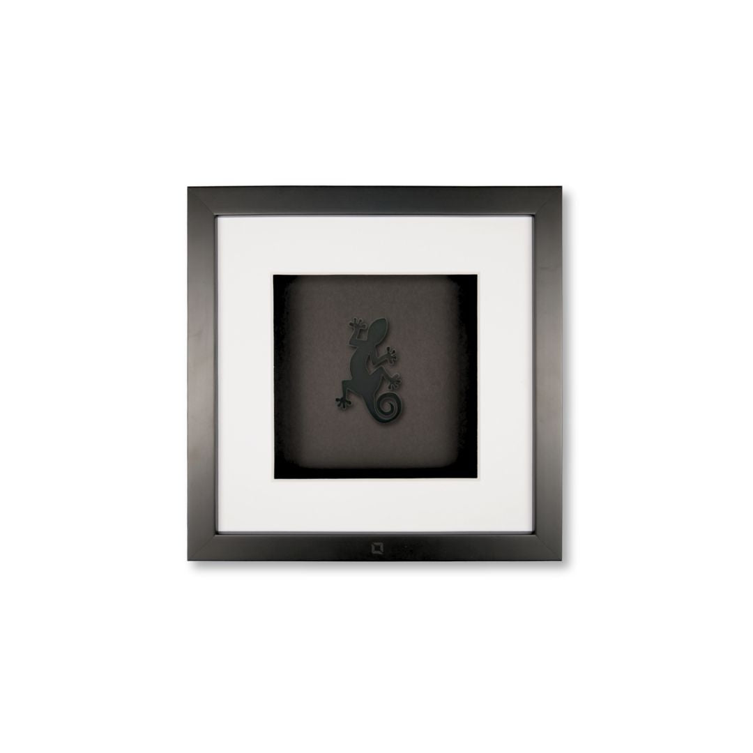 Quadratwerk Wandbild Pure Black Gecko 27cm - Rahmen Schwarz, Hintergrund Schwarz, Passepartout Weiß/Weiß