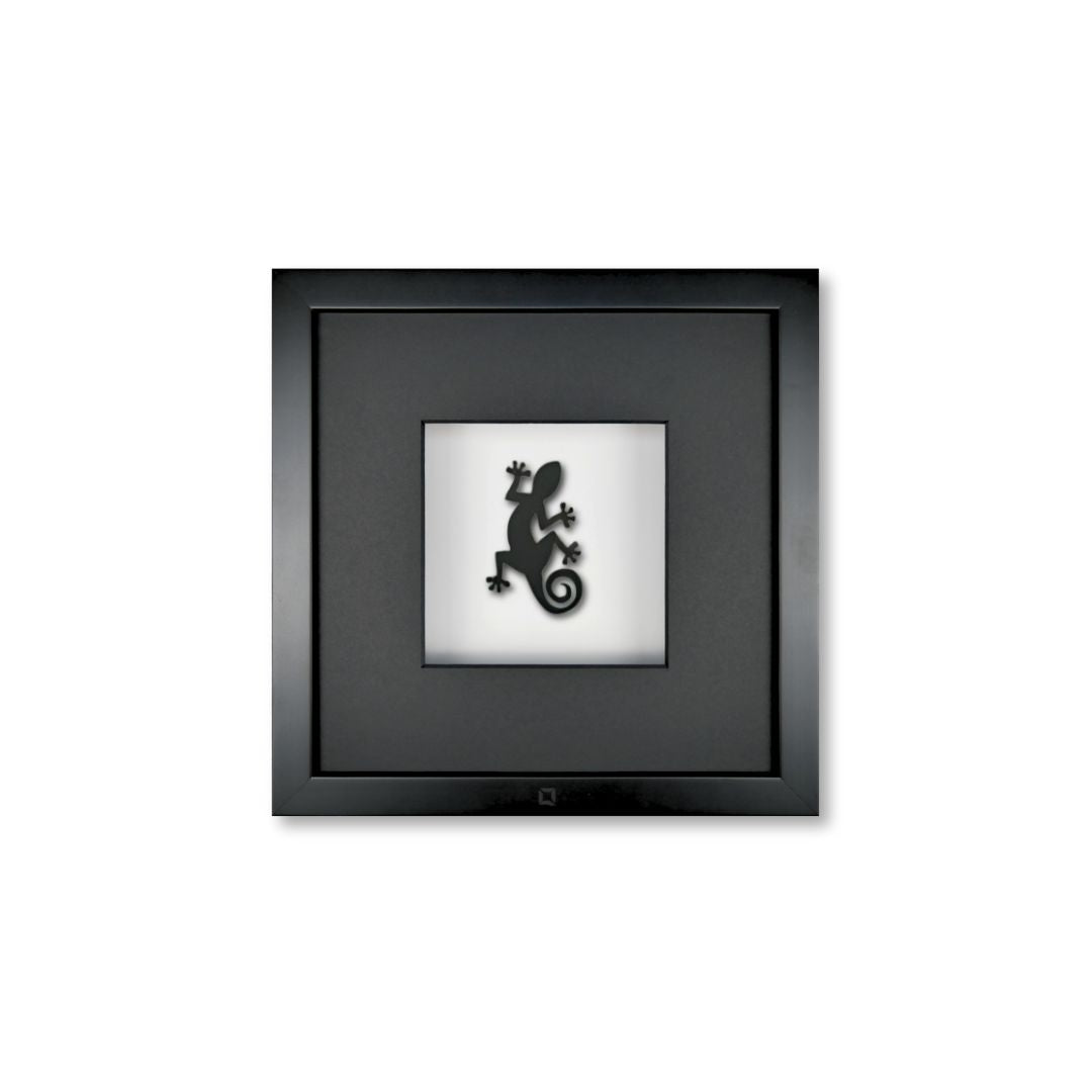 Quadratwerk Wandbild Pure Black Gecko 27cm - Rahmen Schwarz, Hintergrund Weiß, Passepartout Schwarz/Schwarz