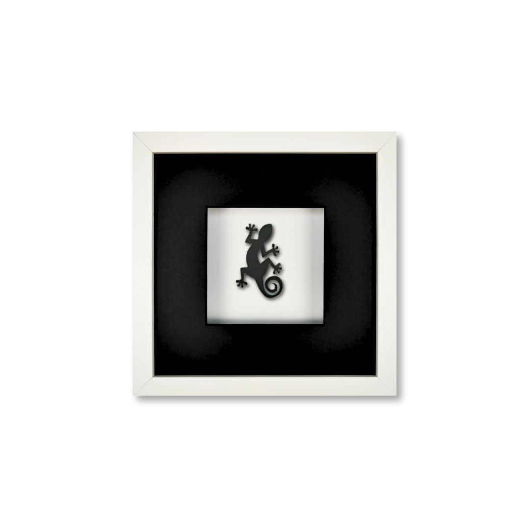 Quadratwerk Wandbild Pure Black Gecko 27cm - Rahmen Weiß, Hintergrund Weiß, Passepartout Schwarz/Schwarz