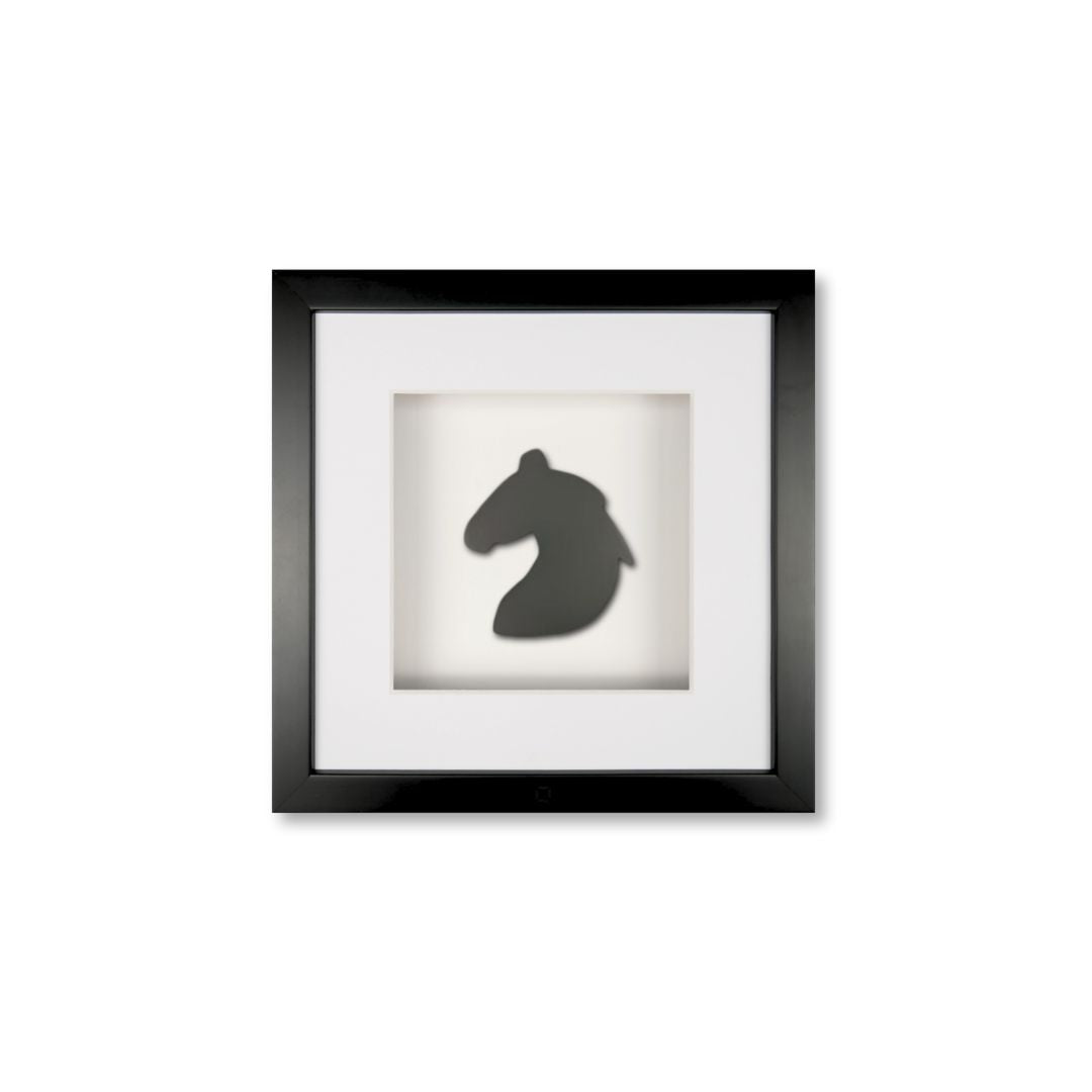 Quadratwerk Wandbild Pure Black Knight Pferdekopf 27cm - Rahmen Schwarz, Hintergrund Weiß, Passepartout Weiß/Weiß