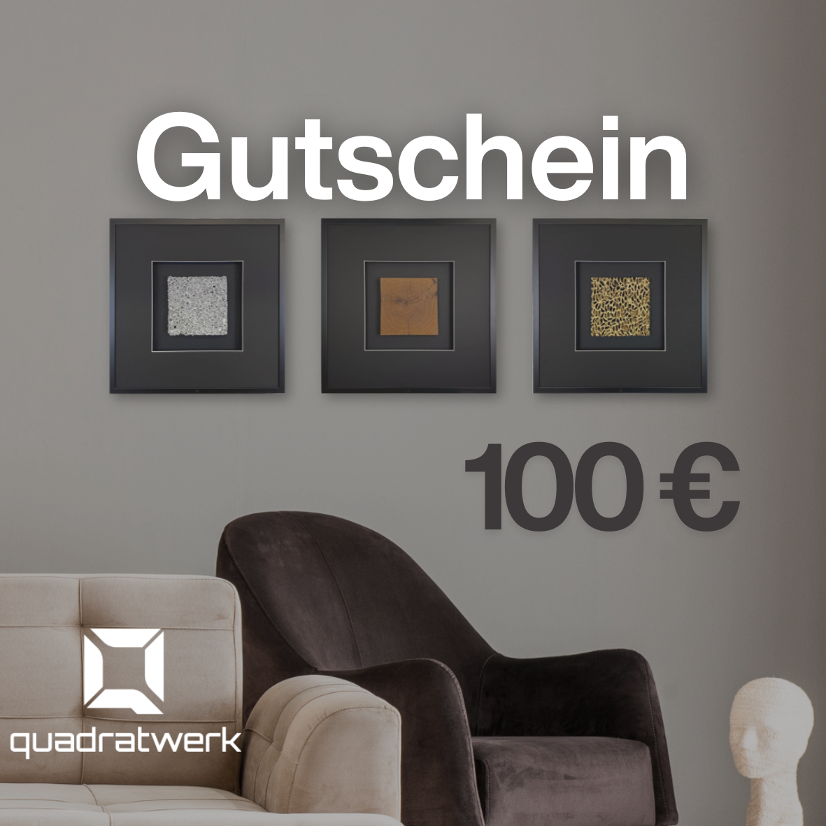 Quadratwerk Geschenkkarte 100 Euro – digitaler Gutschein für handgefertigte 3D-Wandbilder als Luxus-Geschenk