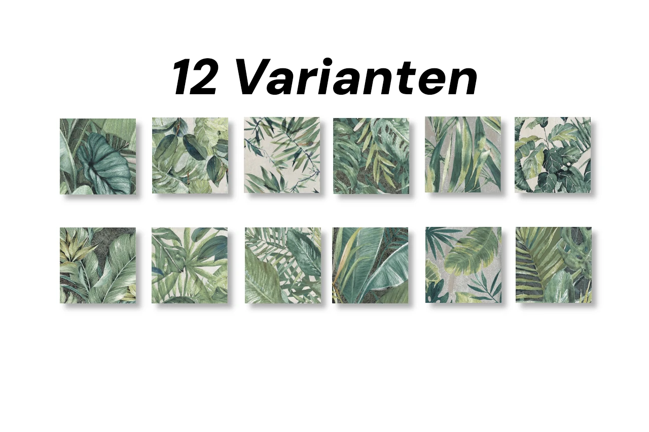 Wandbild Signature Tile Eden 58cm alle Varianten – Quadratwerk botanisches Grün Rahmen schwarz weiß Passepartout Übersicht