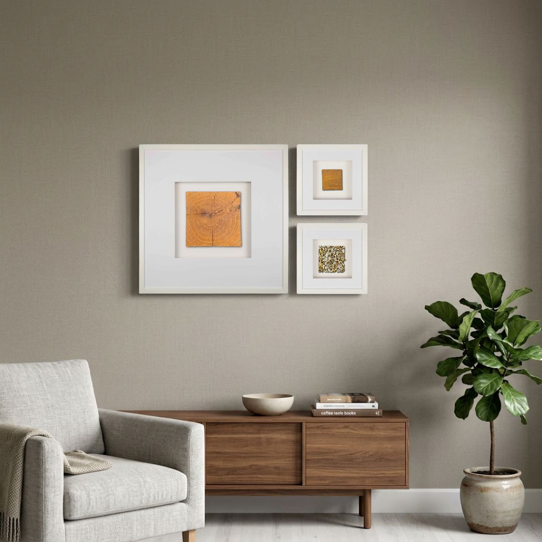 Quadratwerk Bestseller Bundle Galeriewand weiß – 1x Noble Wood groß 58cm + 1x Noble Wood klein + 1x Magic Gold klein 27cm, 3-teiliges Wandbild Set