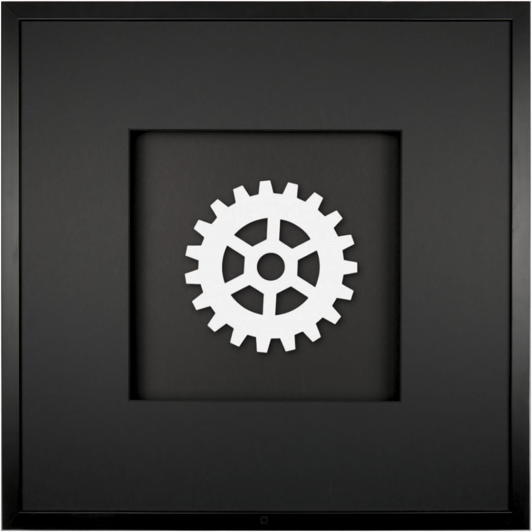 Quadratwerk Wandbild All White Gear 58cm - Rahmen Schwarz, Hintergrund Schwarz, Passepartout Schwarz/Schwarz