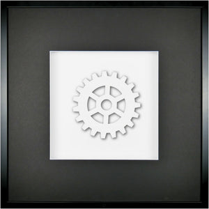 Quadratwerk Wandbild All White Gear 58cm - Rahmen Schwarz, Hintergrund Weiß, Passepartout Schwarz/Weiß