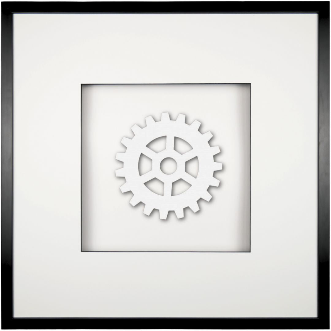 Quadratwerk Wandbild All White Gear 58cm - Rahmen Schwarz, Hintergrund Weiß, Passepartout Weiß/Schwarz