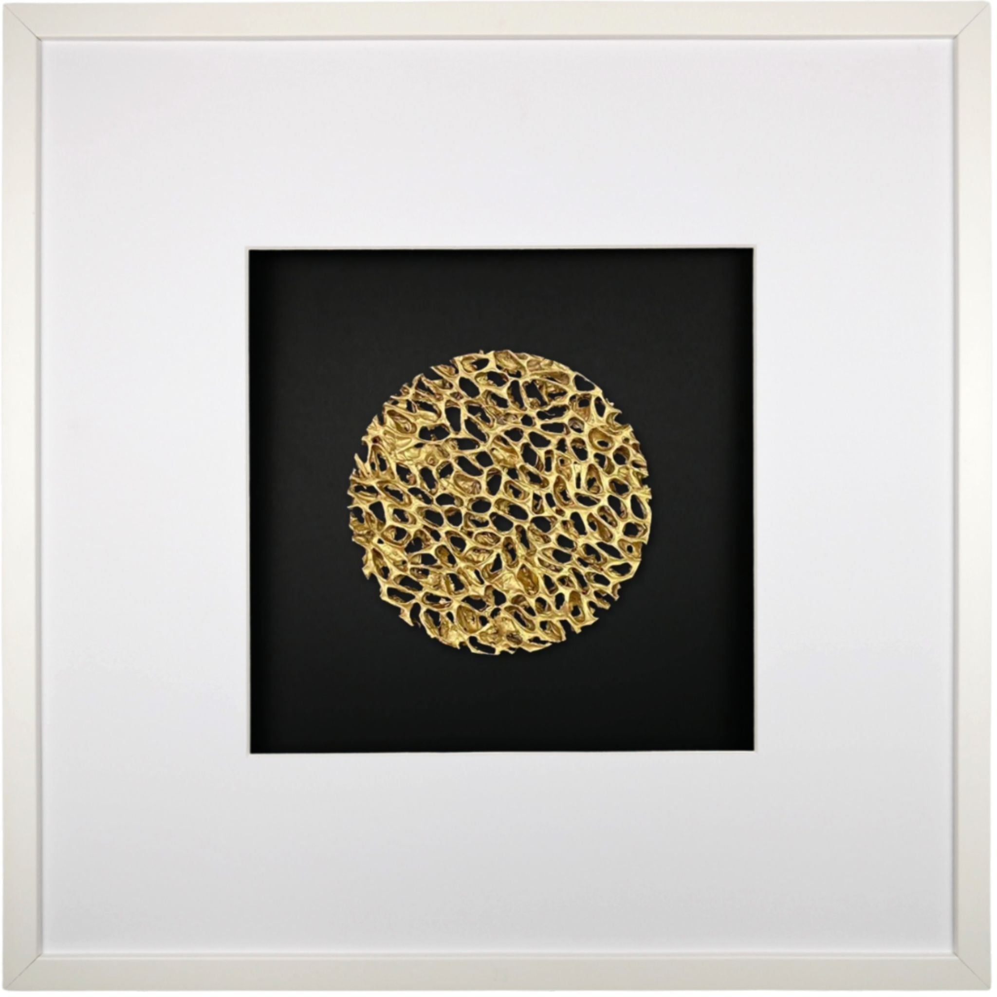 Quadratwerk Wandbild Magic Gold Rund 58m - Rahmen Weiß, Hintergrund Schwarz, Passepartout Weiß/Weiß