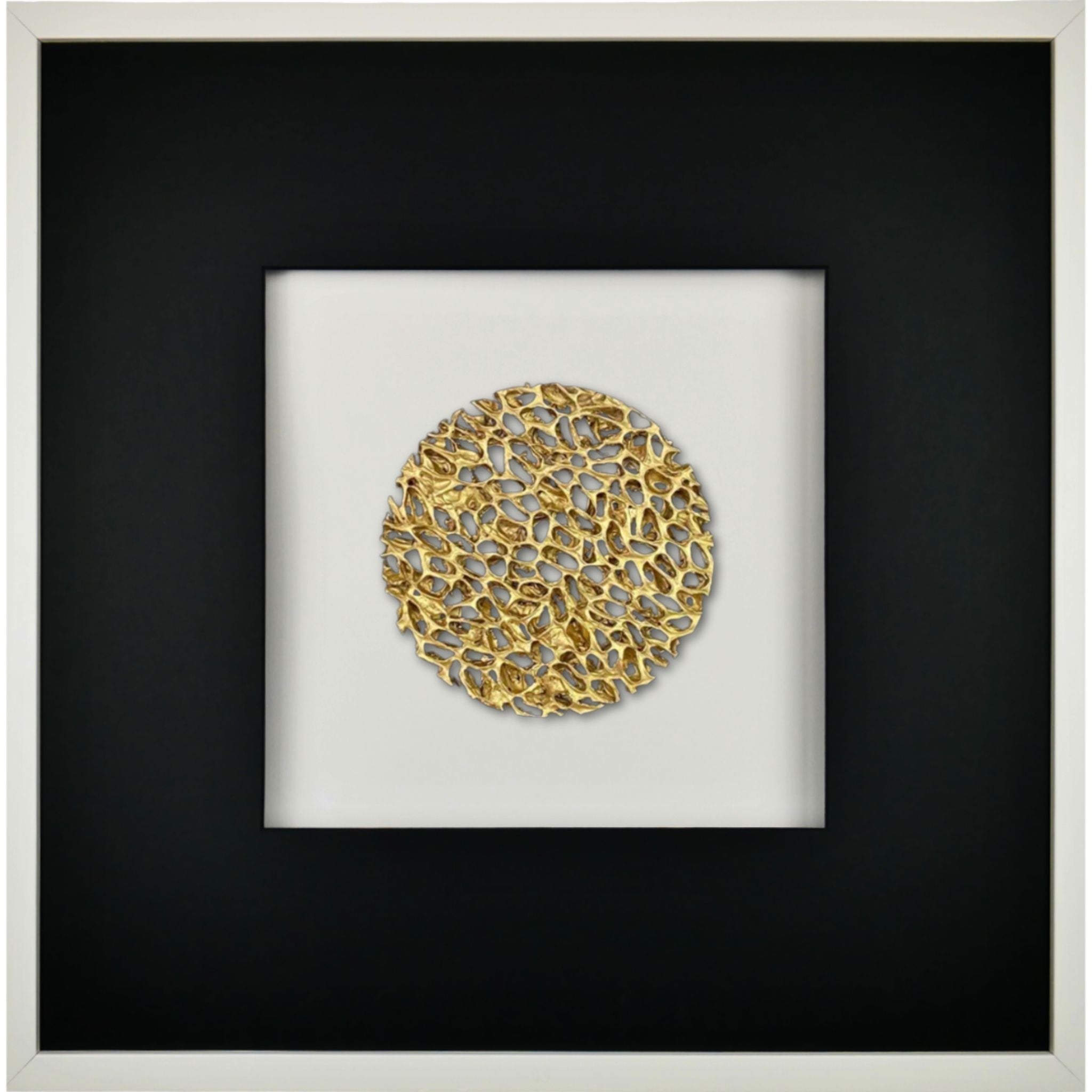 Quadratwerk Wandbild Magic Gold Rund 58m - Rahmen Weiß, Hintergrund Weiß, Passepartout Schwarz/Schwarz