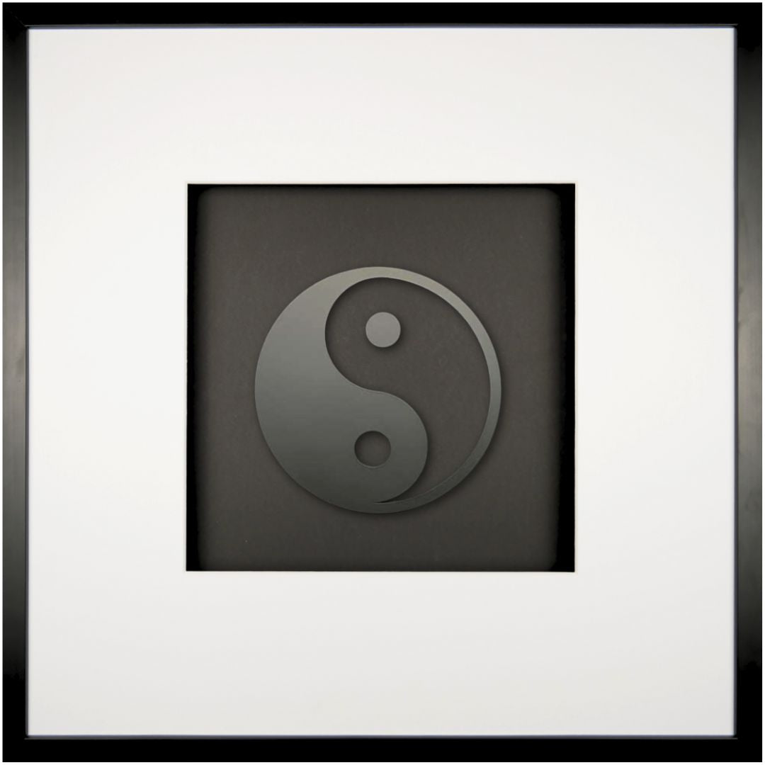 Quadratwerk Wandbild Pure Black Yin & Yang 58cm - Rahmen Schwarz, Hintergrund Schwarz, Passepartout Weiß/Weiß