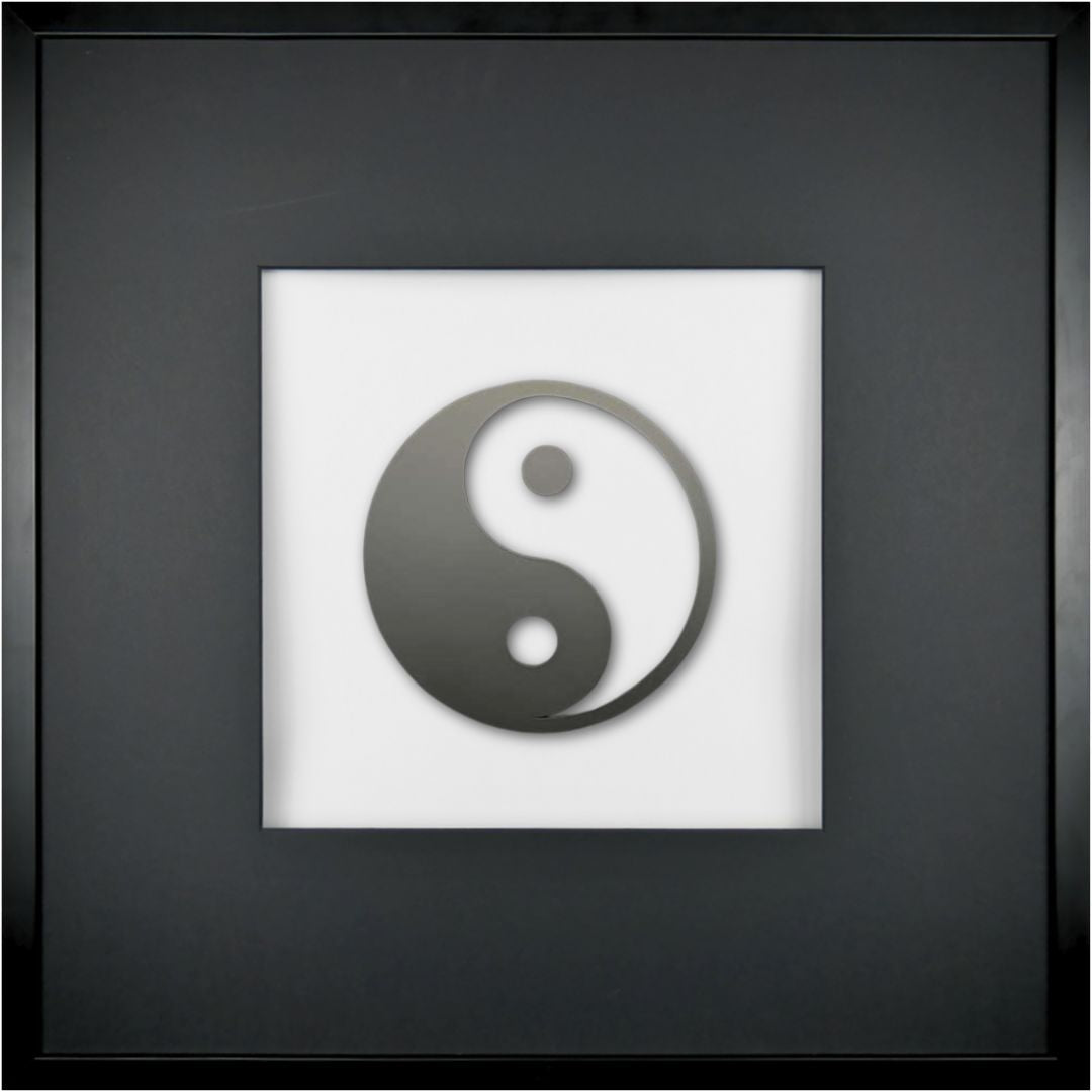 Quadratwerk Wandbild Pure Black Yin & Yang 58cm - Rahmen Schwarz, Hintergrund Weiß, Passepartout Schwarz/Schwarz