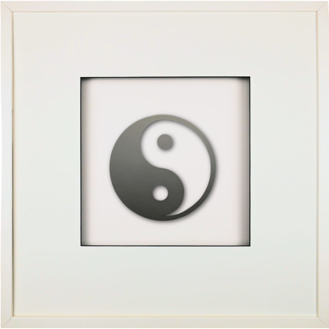 Quadratwerk Wandbild Pure Black Yin & Yang 58cm - Rahmen Weiß, Hintergrund Weiß, Passepartout Weiß/Schwarz