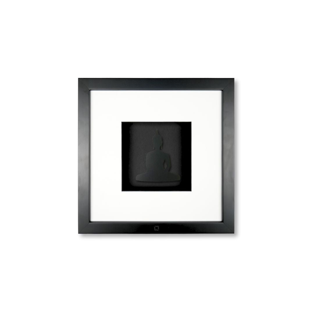 Quadratwerk Wandbild Pure Black Buddha 27cm - Rahmen Schwarz, Hintergrund Schwarz, Passepartout Weiß/Schwarz
