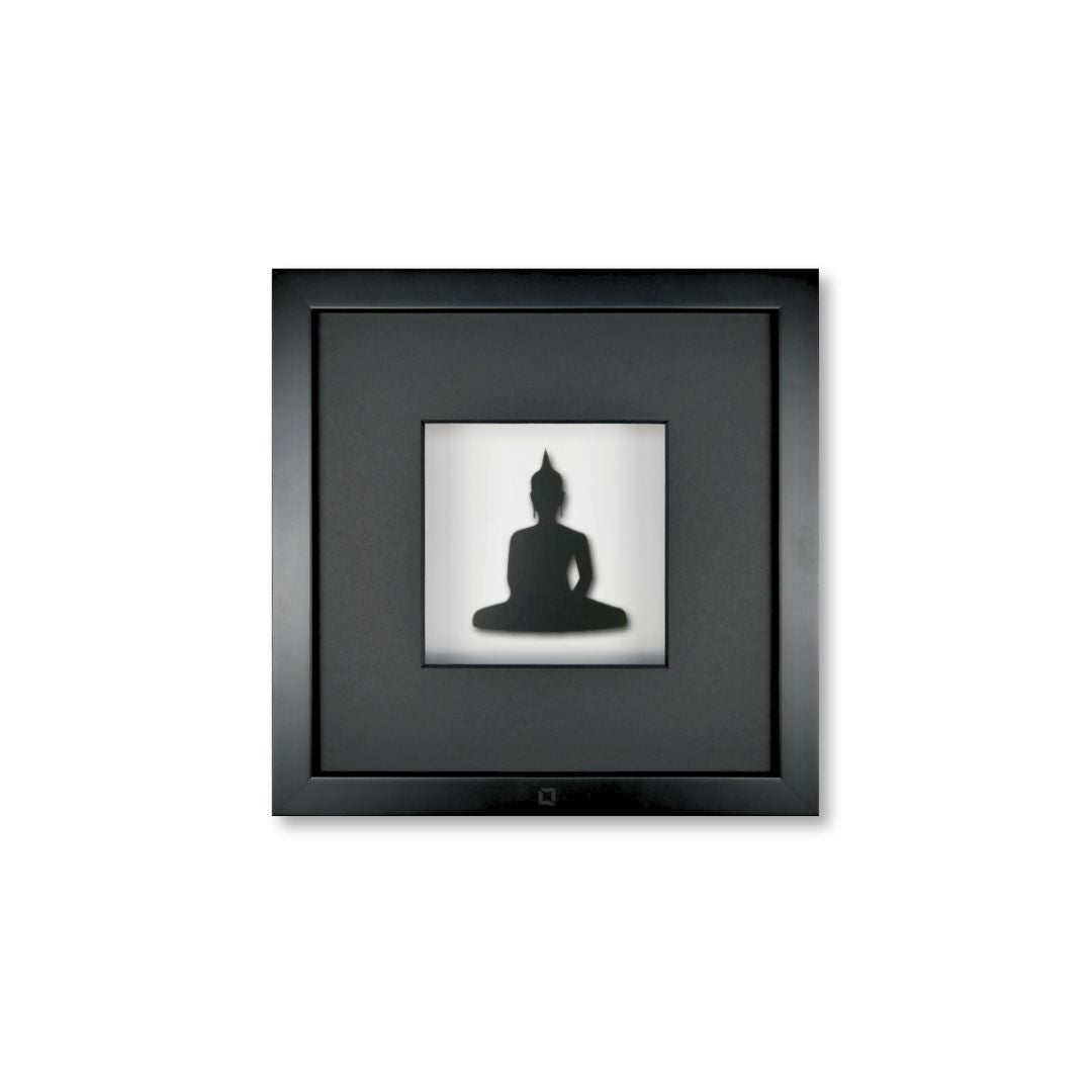 Quadratwerk Wandbild Pure Black Buddha 27cm - Rahmen Schwarz, Hintergrund Weiß, Passepartout Schwarz/Schwarz