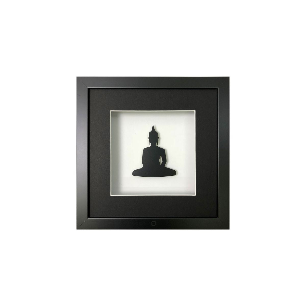 Quadratwerk Wandbild Pure Black Buddha 27cm - Rahmen Schwarz, Hintergrund Weiß, Passepartout Schwarz/Weiß