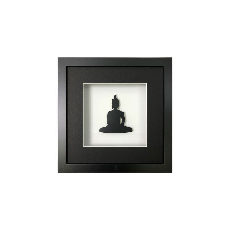 Quadratwerk Wandbild Pure Black Buddha 27cm - Rahmen Schwarz, Hintergrund Weiß, Passepartout Schwarz/Weiß