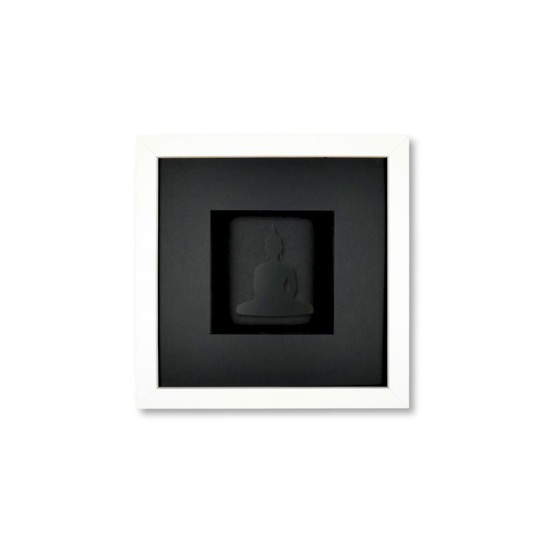 Quadratwerk Wandbild Pure Black Buddha 27cm - Rahmen Weiß, Hintergrund Schwarz, Passepartout Schwarz/Schwarz