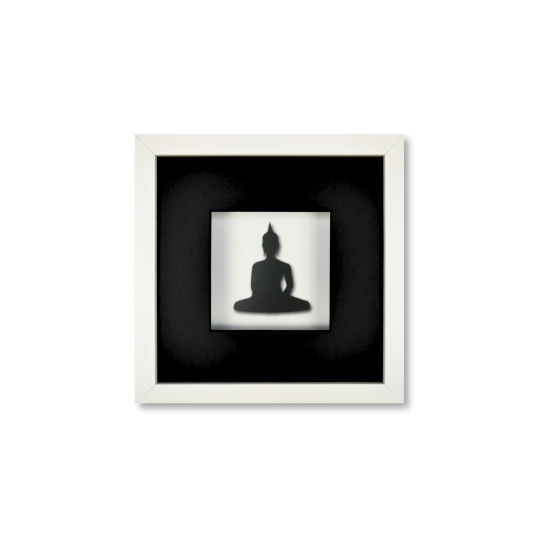 Quadratwerk Wandbild Pure Black Buddha 27cm - Rahmen Weiß, Hintergrund Weiß, Passepartout Schwarz/Schwarz