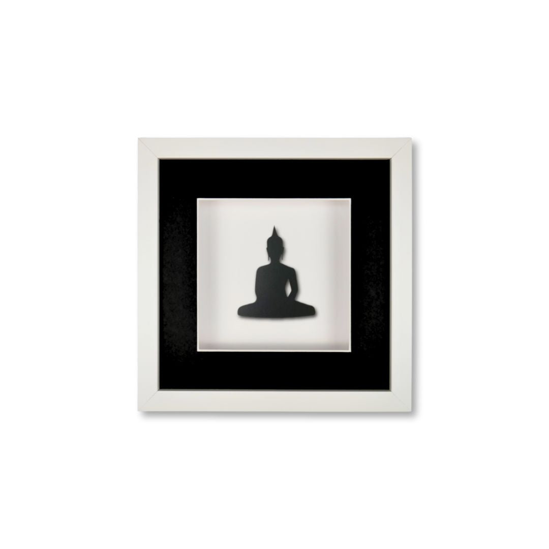 Quadratwerk Wandbild Pure Black Buddha 27cm - Rahmen Weiß, Hintergrund Weiß, Passepartout Schwarz/Weiß