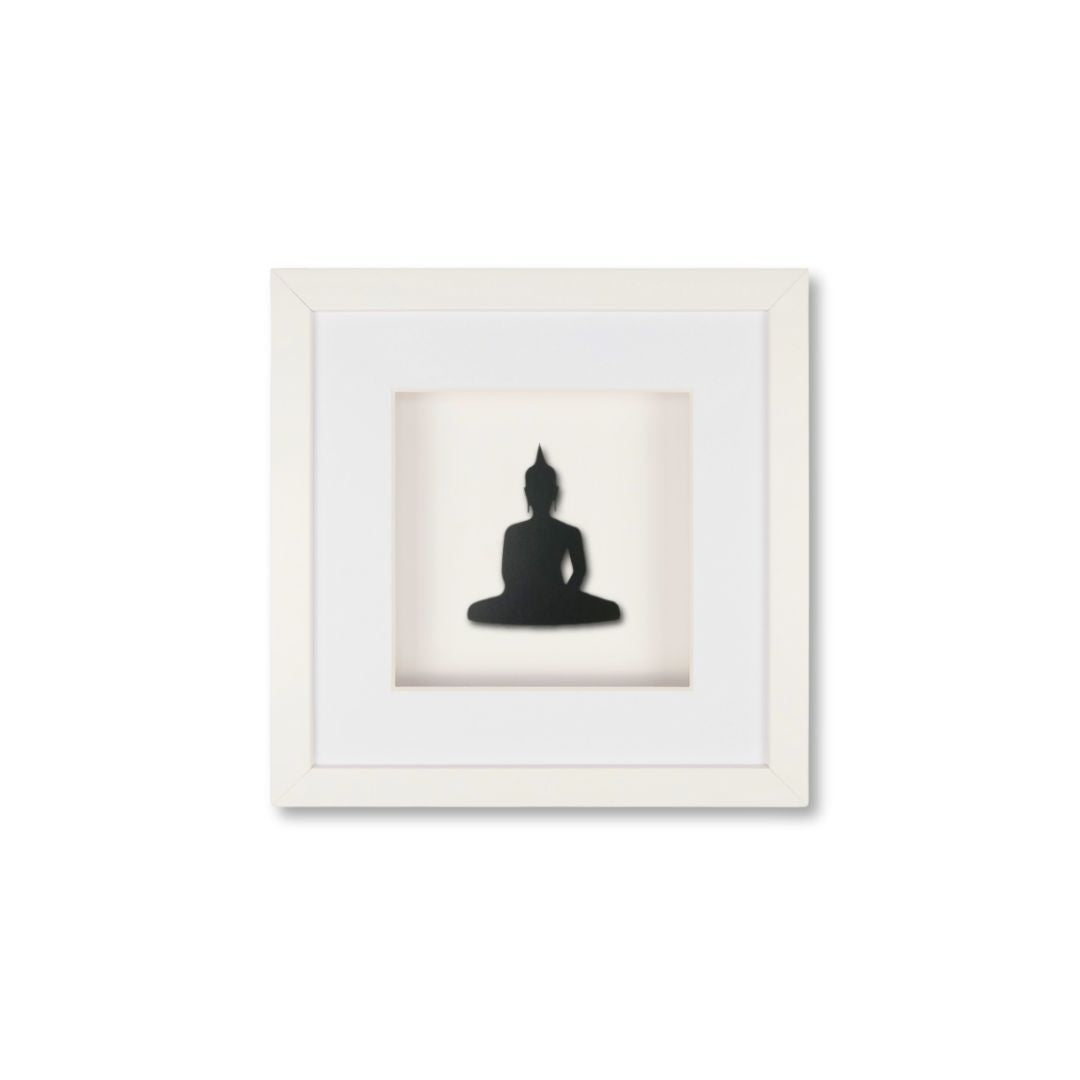 Quadratwerk Wandbild Pure Black Buddha 27cm - Rahmen Weiß, Hintergrund Weiß, Passepartout Weiß/Weiß