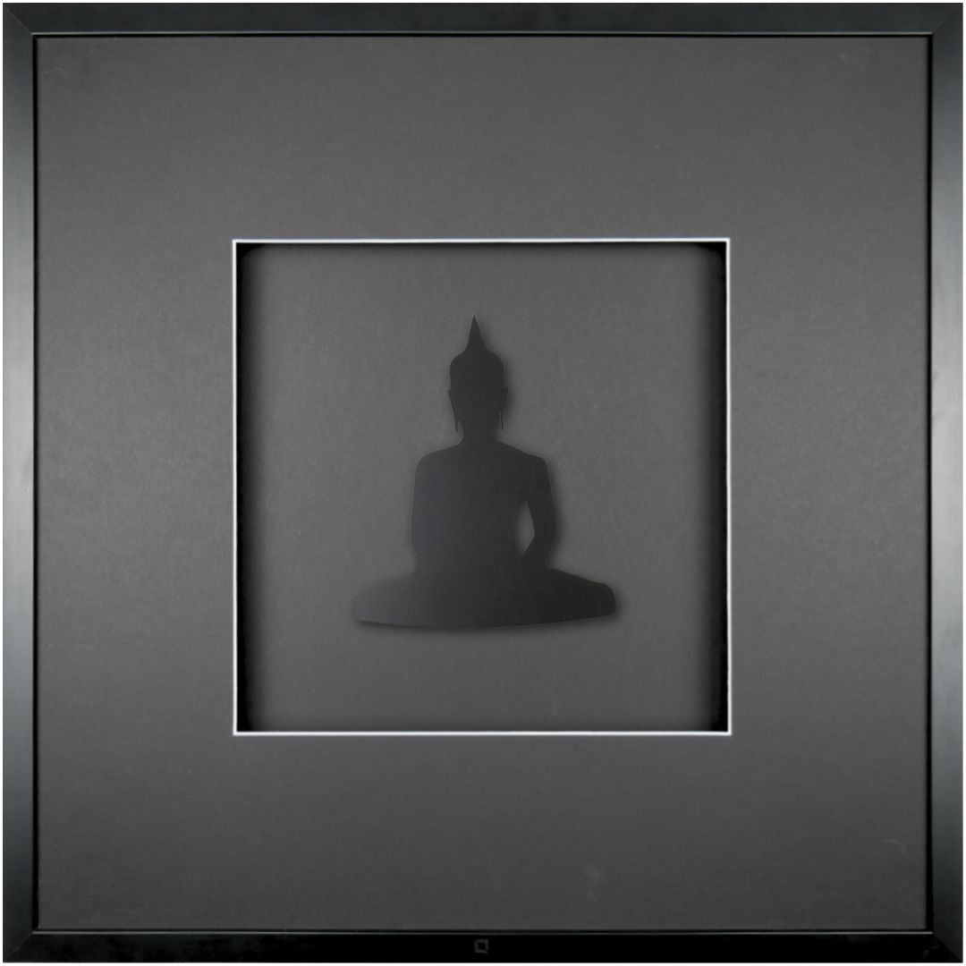 Quadratwerk Wandbild Detailansicht Pure Black Buddha 58cm - Rahmen Schwarz, Hintergrund Schwarz, Passepartout Schwarz/Weiß