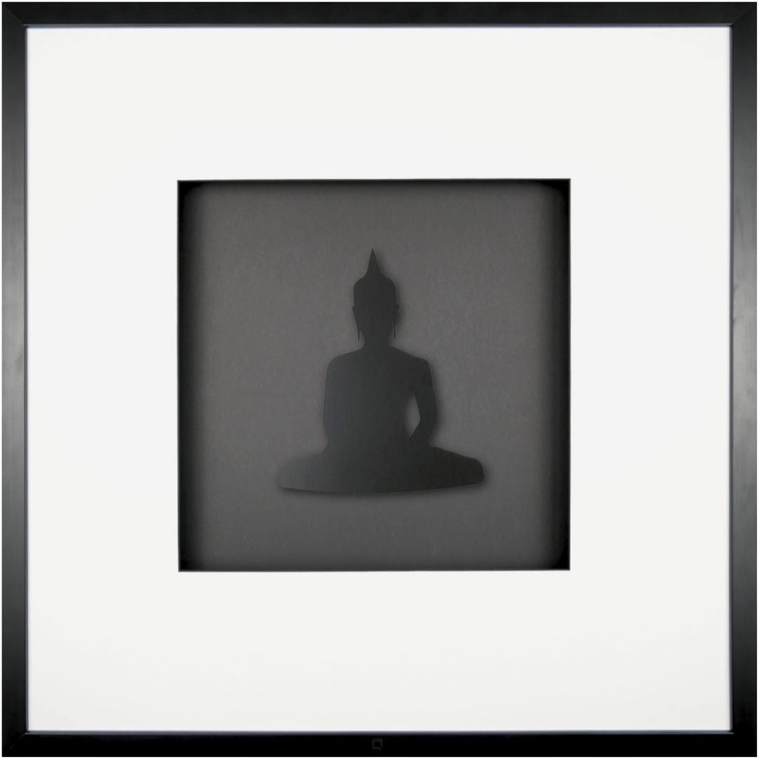 Quadratwerk Wandbild Detailansicht Pure Black Buddha 58cm - Rahmen Schwarz, Hintergrund Schwarz, Passepartout Weiß/Schwarz