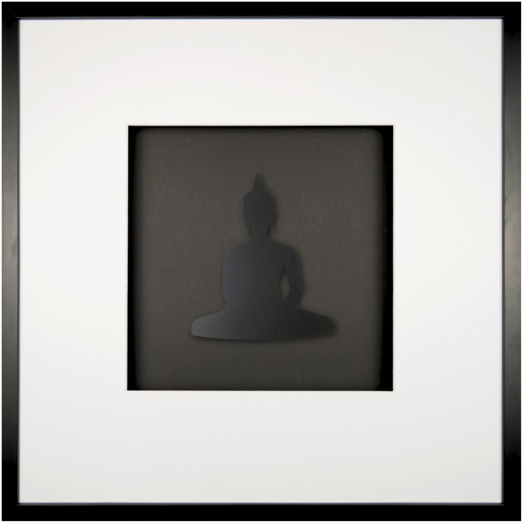 Quadratwerk Wandbild Detailansicht Pure Black Buddha 58cm - Rahmen Schwarz, Hintergrund Schwarz, Passepartout Weiß/Weiß