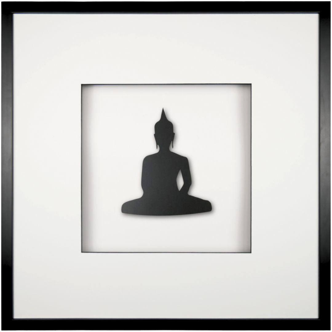 Quadratwerk Wandbild Detailansicht Pure Black Buddha 58cm - Rahmen Schwarz, Hintergrund Weiß, Passepartout Weiß/Schwarz