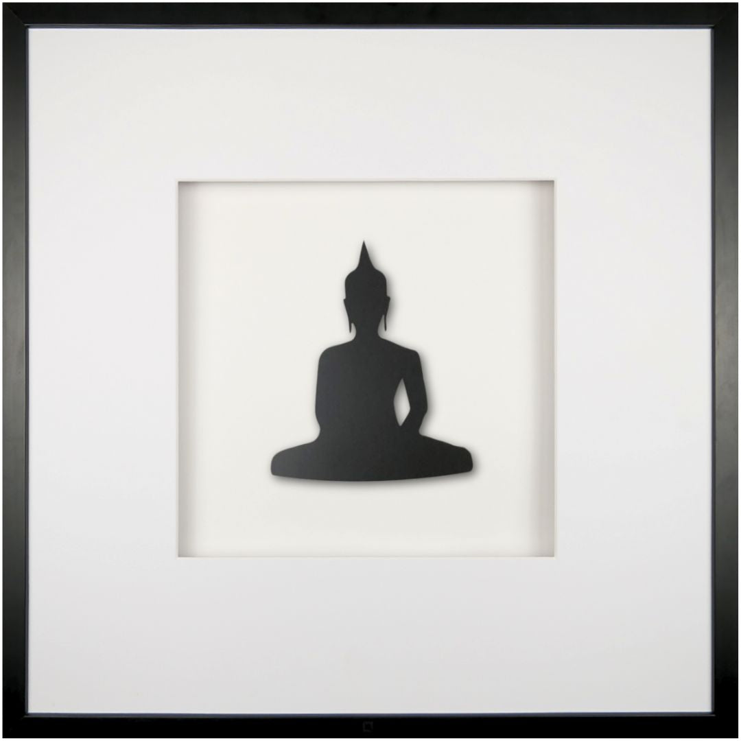 Quadratwerk Wandbild Detailansicht Pure Black Buddha 58cm - Rahmen Schwarz, Hintergrund Weiß, Passepartout Weiß/Weiß