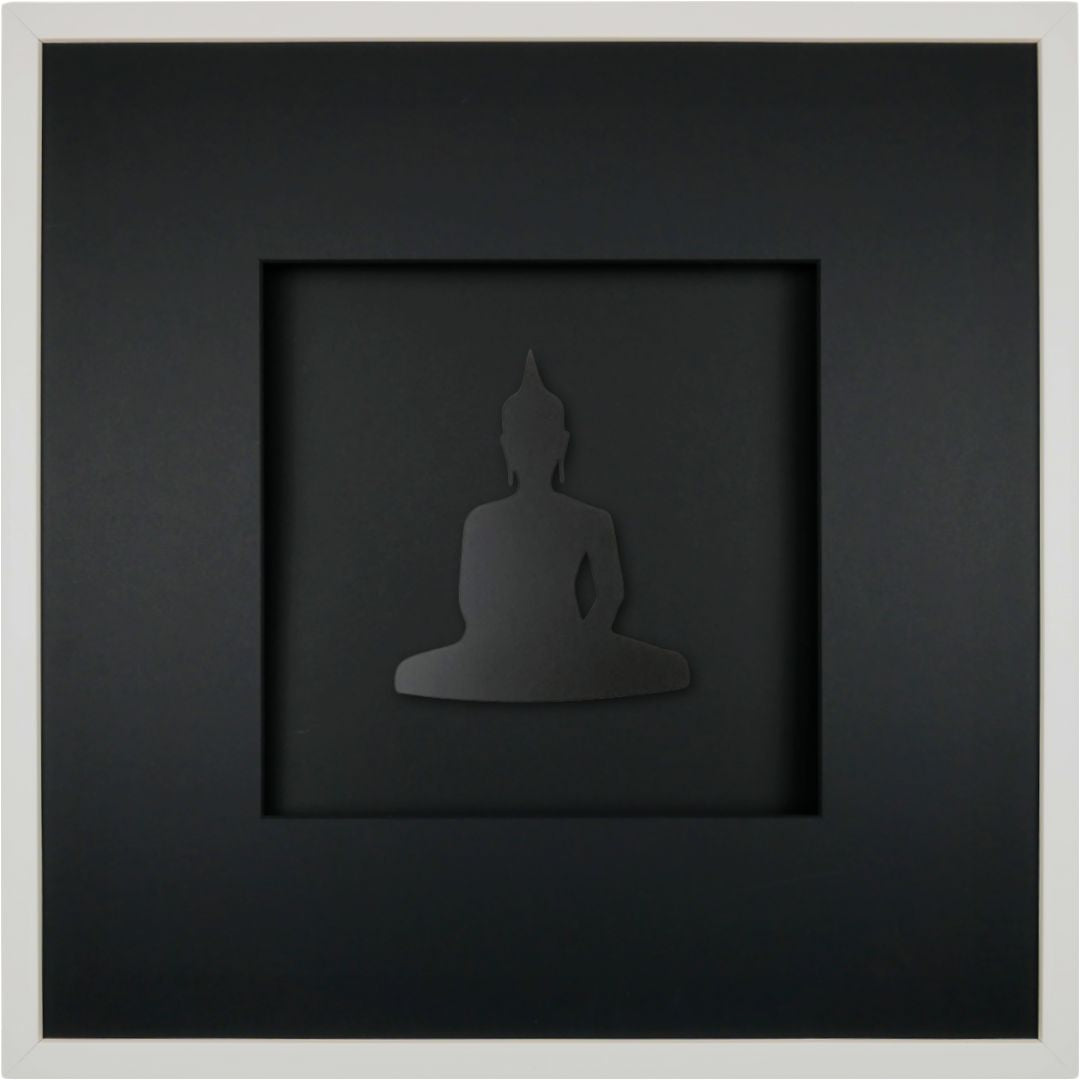 Quadratwerk Wandbild Detailansicht Pure Black Buddha 58cm - Rahmen Weiß, Hintergrund Weiß, Passepartout Schwarz/Schwarz
