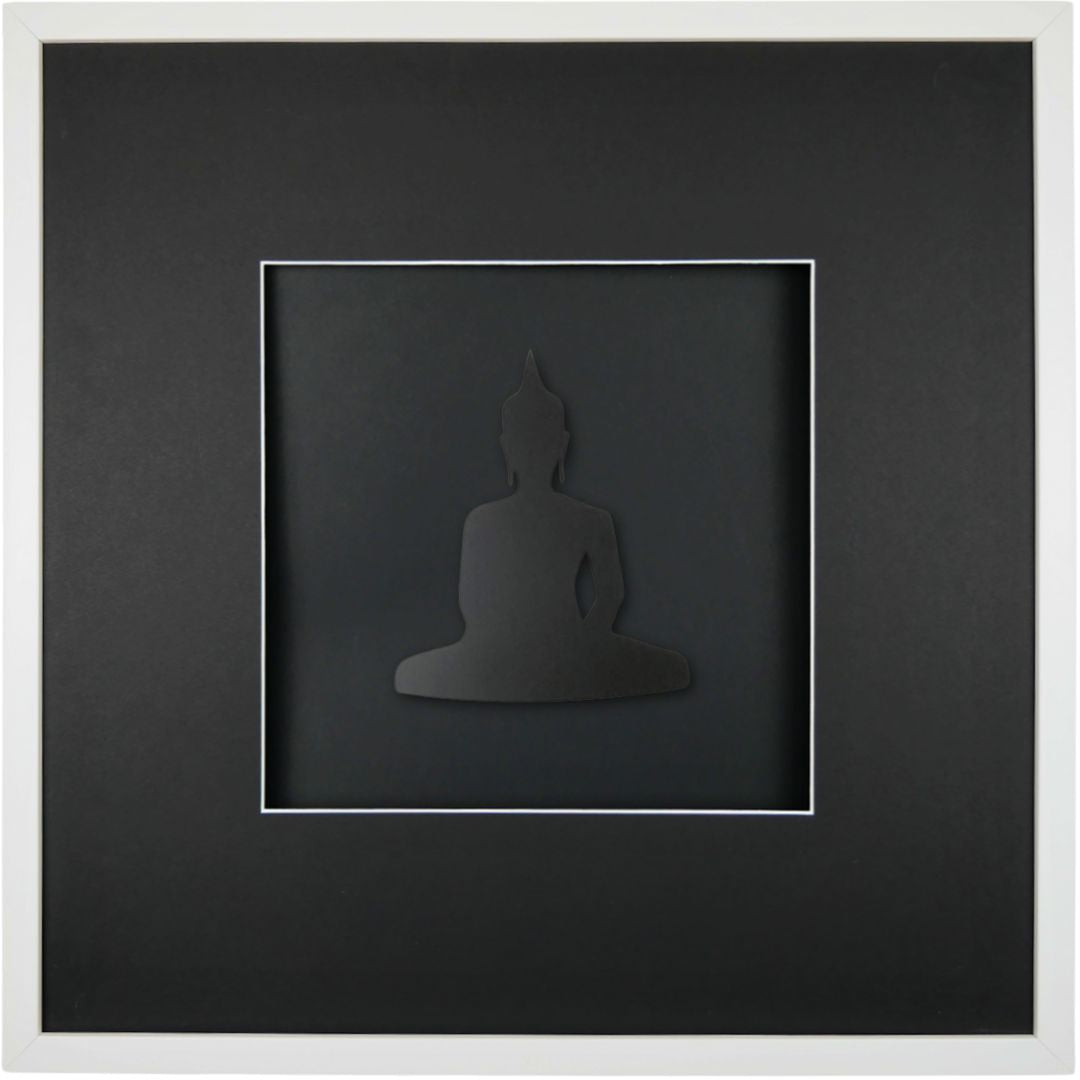 Quadratwerk Wandbild Detailansicht Pure Black Buddha 58cm - Rahmen Weiß, Hintergrund Schwarz, Passepartout Schwarz/Weiß