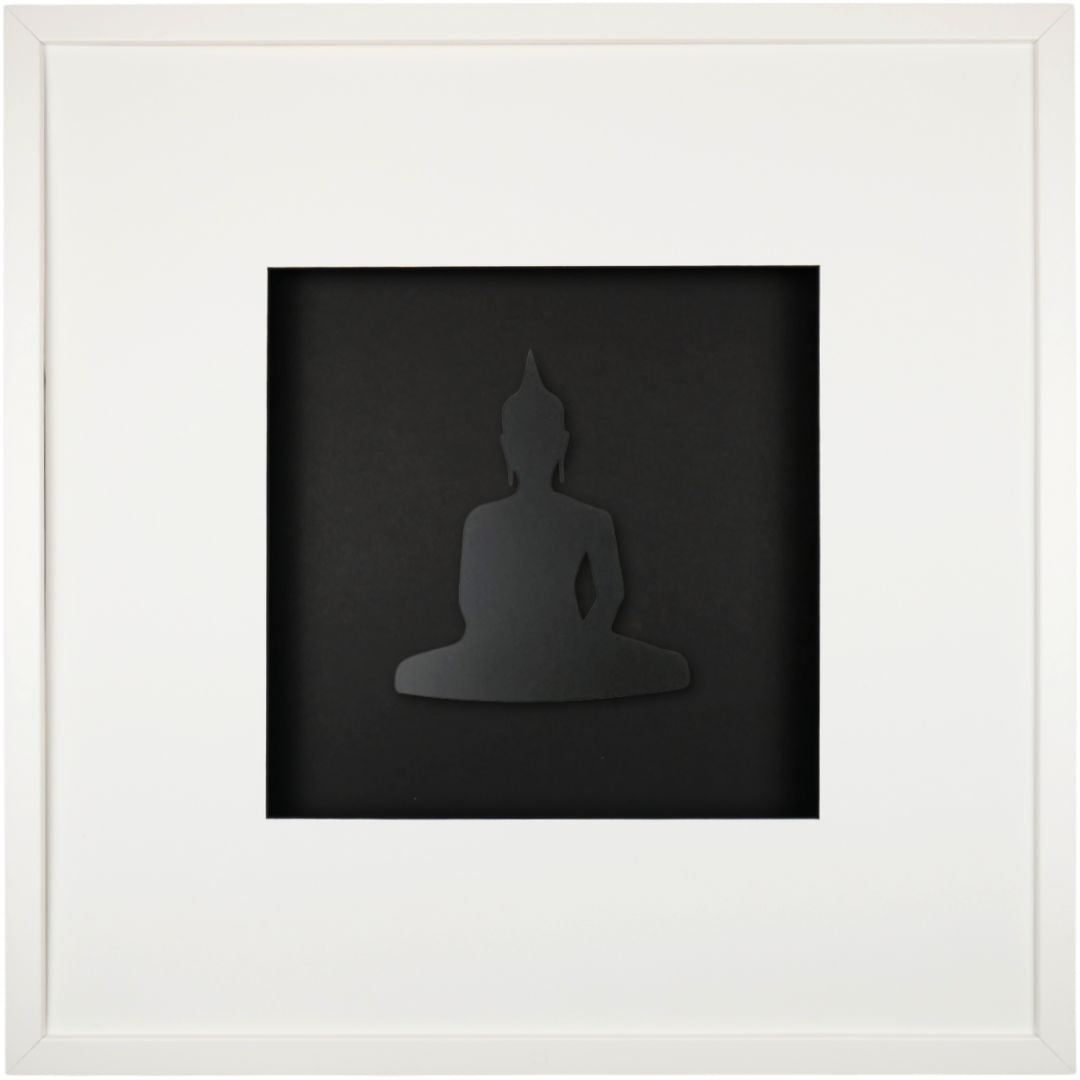 Quadratwerk Wandbild Detailansicht Pure Black Buddha 58cm - Rahmen Weiß, Hintergrund Schwarz, Passepartout Weiß/Schwarz