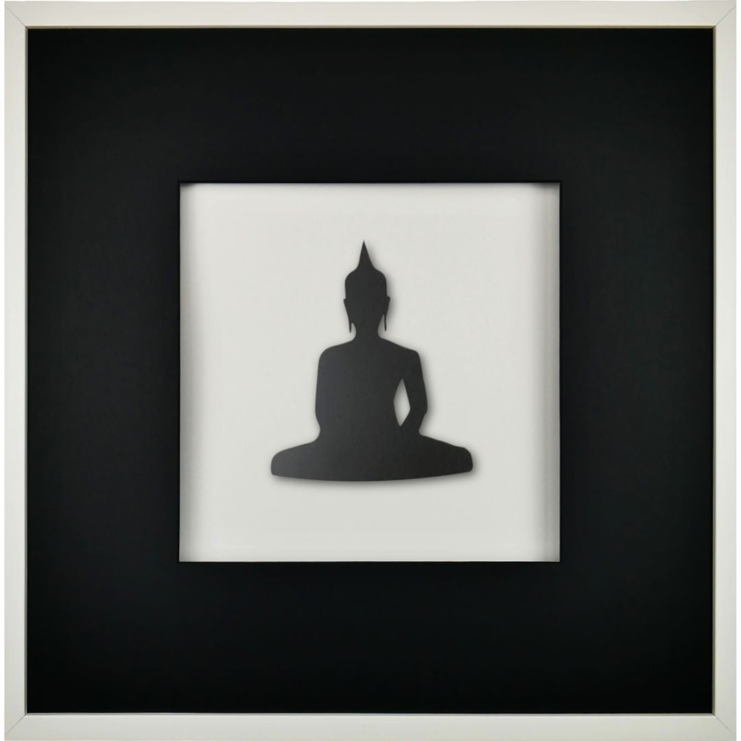 Quadratwerk Wandbild Detailansicht Pure Black Buddha 58cm - Rahmen Weiß, Hintergrund Weiß, Passepartout Schwarz/Schwarz