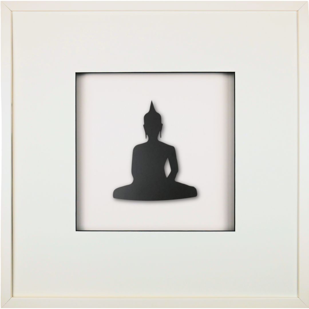 Quadratwerk Wandbild Detailansicht Pure Black Buddha 58cm - Rahmen Weiß, Hintergrund Weiß, Passepartout Weiß/Schwarz