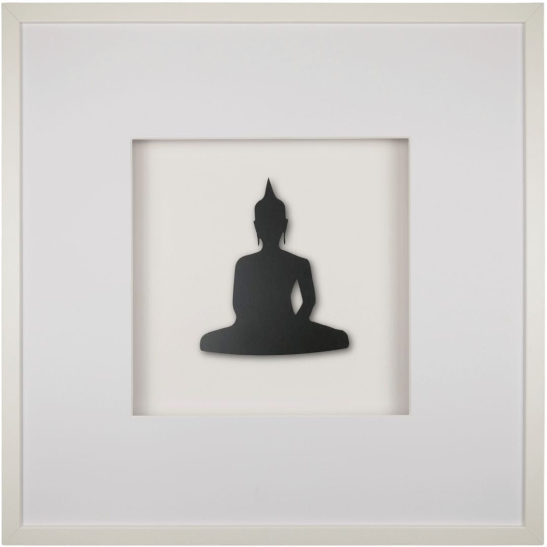 Quadratwerk Wandbild Detailansicht Pure Black Buddha 58cm - Rahmen Weiß, Hintergrund Weiß, Passepartout Weiß/Weiß