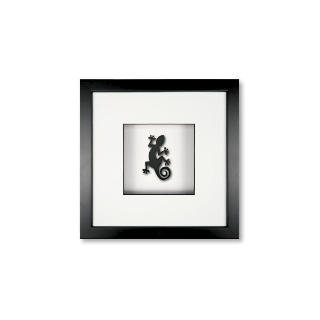 Quadratwerk Wandbild Pure Black Gecko 27cm - Rahmen Schwarz, Hintergrund Weiß, Passepartout Weiß/Schwarz