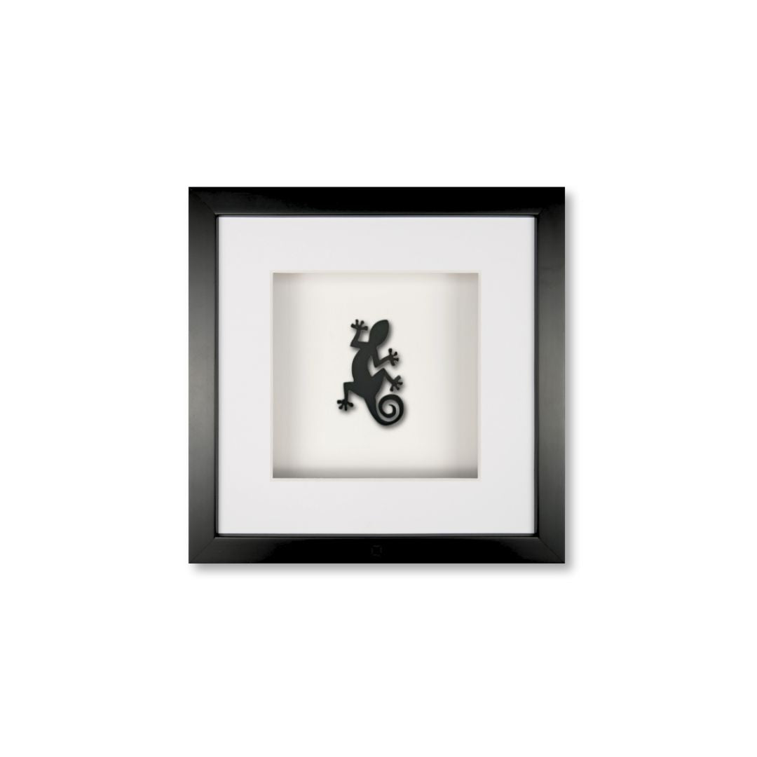 Quadratwerk Wandbild Pure Black Gecko 27cm - Rahmen Schwarz, Hintergrund Weiß, Passepartout Weiß/Weiß