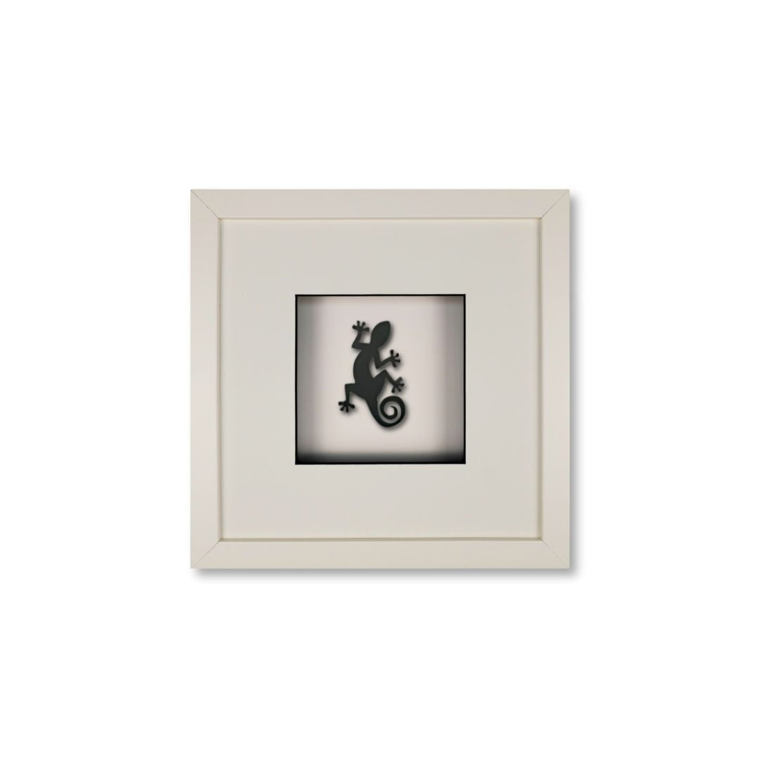 Quadratwerk Wandbild Pure Black Gecko 27cm - Rahmen Weiß, Hintergrund Weiß, Passepartout Weiß/Schwarz