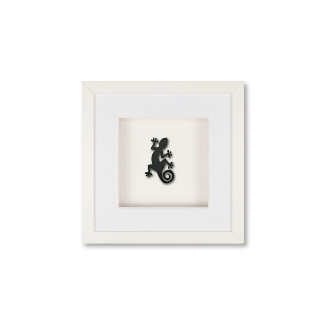 Quadratwerk Wandbild Pure Black Gecko 27cm - Rahmen Weiß, Hintergrund Weiß, Passepartout Weiß/Weiß