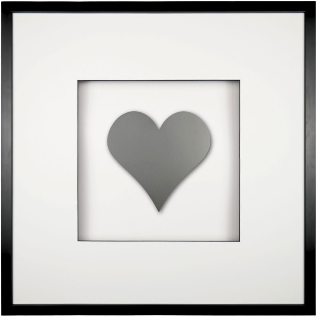 Quadratwerk Wandbild Pure Black Herz 58cm - Rahmen Schwarz, Hintergrund Weiß, Passepartout Weiß/Schwarz